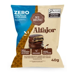Alfajor Branco Sabor Baunilha com cobertura de chocolate e recheio de Chocolate Zero Açucar Seu Divino 40g